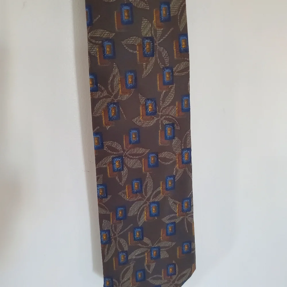 ERMINEGILDO ZEGNA Silk Wool Blend Neck Tie Leaf Geo Tan Gold Blue Green Italy